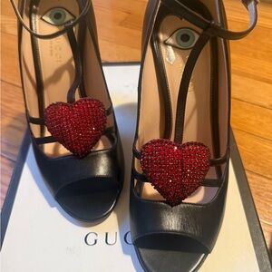 Gucci Women's Black Heels with Red Heart Accent